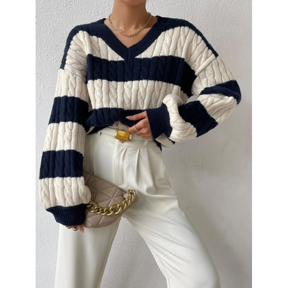 Women’s Sweatshirt – Oversized Fit – Cable Knit V-Neck – Striped Long Sleeve