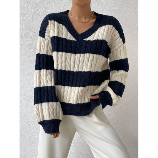 Striped Oversized Cable Knit V-Neck Sweatshirt 