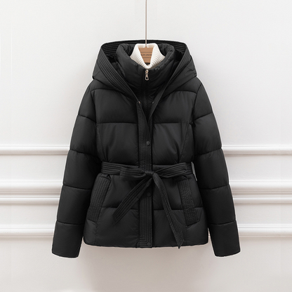 Women’s Padded Coat – Quilted Slim Fit – Hooded with Tie Waist and Pockets