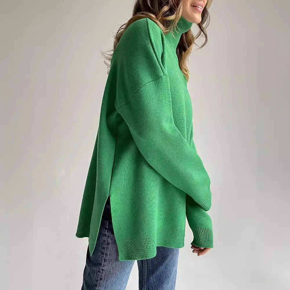Women’s Turtleneck Sweatshirt – Oversized Fit – Knit Fabric – Ribbed Collar & Cuffs