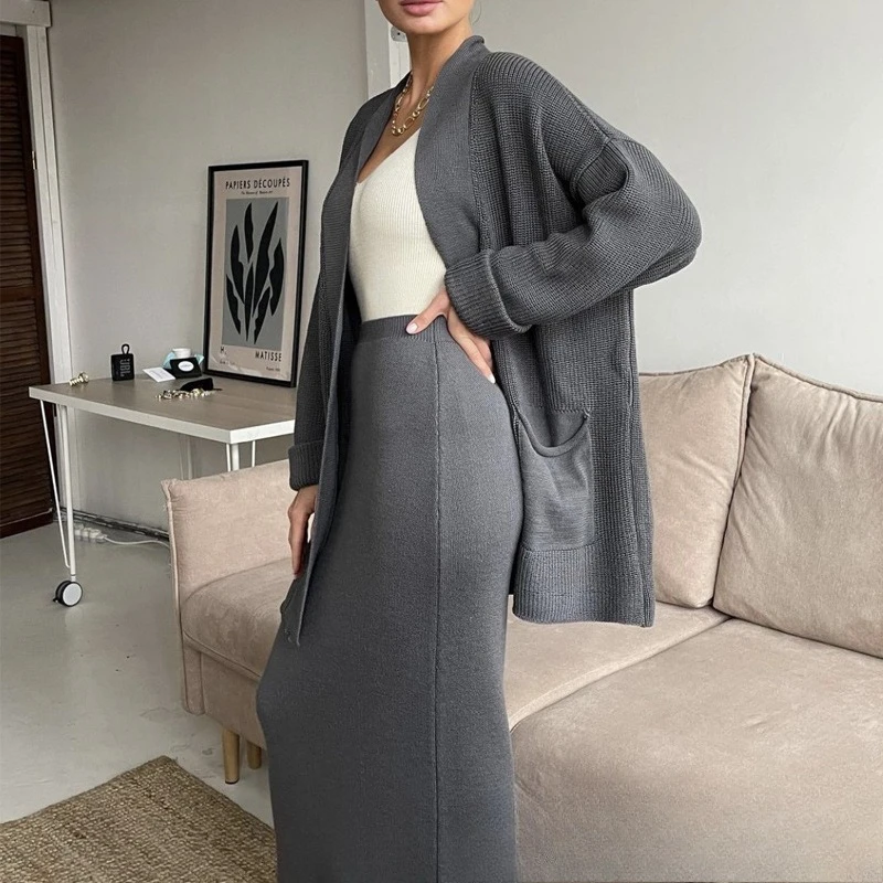 Two-Piece Oversized Knit High Waist Pencil Skirt Set 