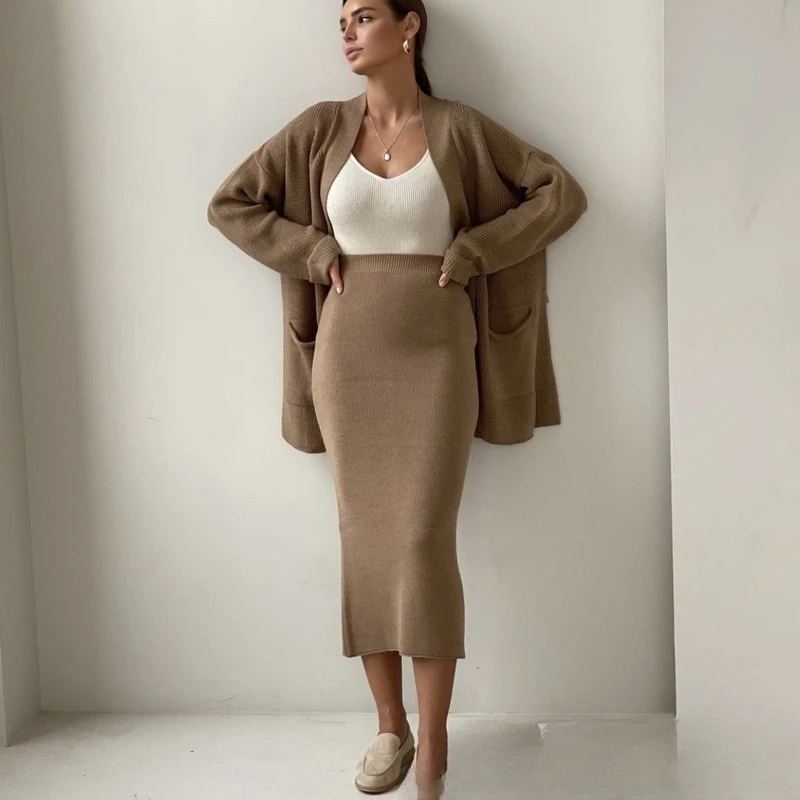 Two-Piece Oversized Knit High Waist Pencil Skirt Set 