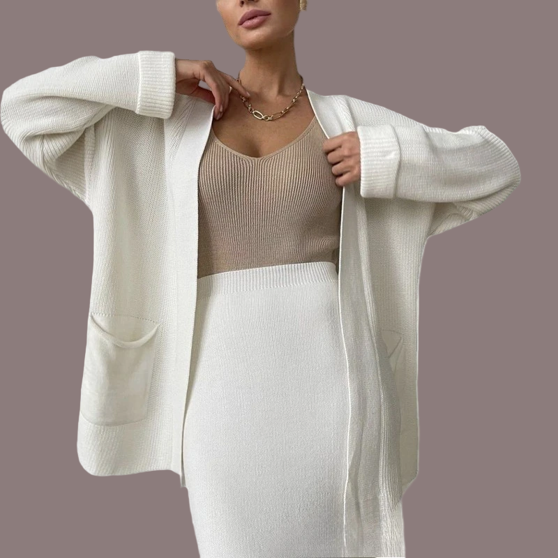 Women’s Two-Piece Knit Set – Oversized Open Cardigan – High Waist Midi Pencil Skirt