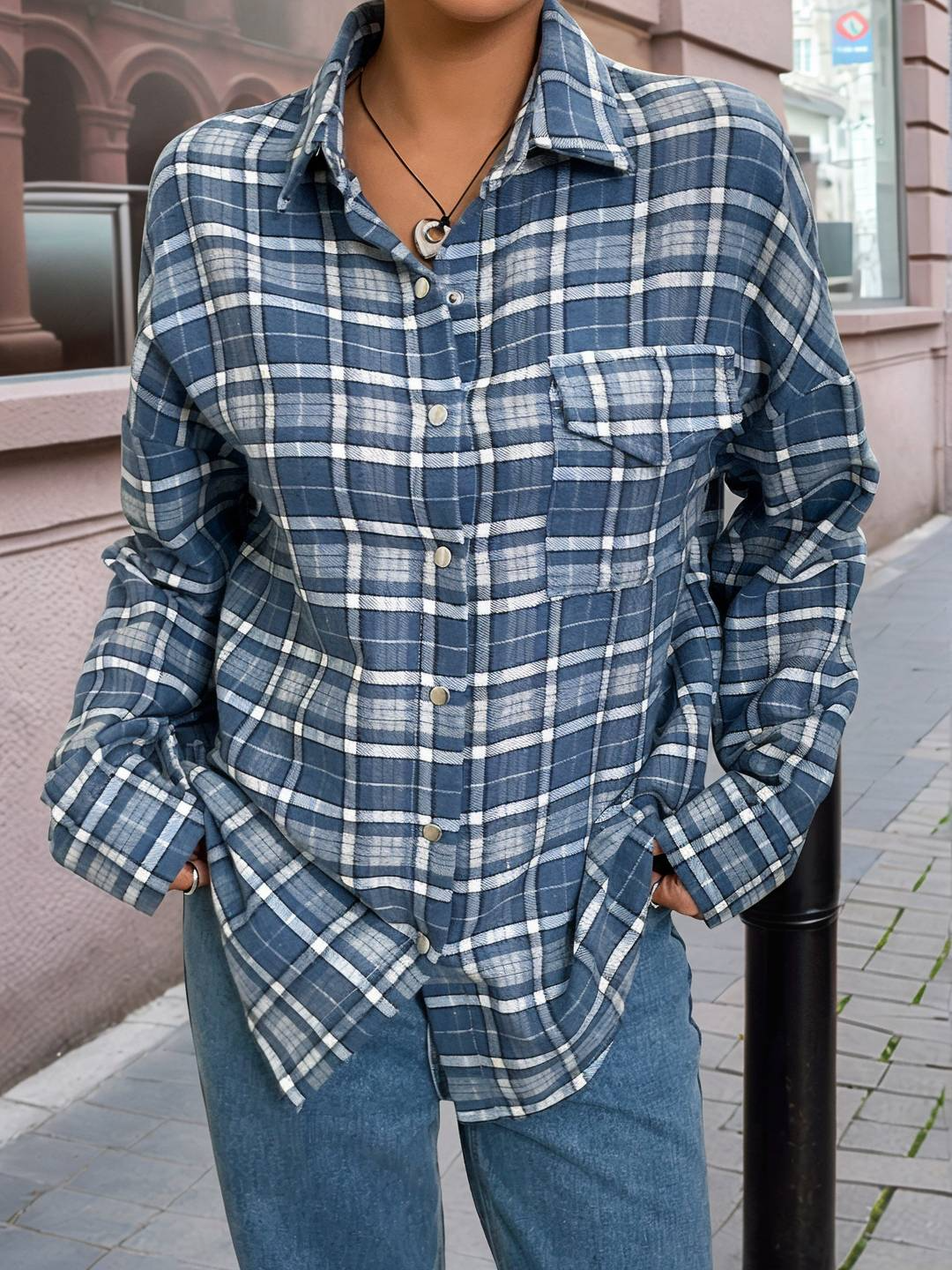 Women’s Shirt Jacket - Cotton Blend - Plaid Pattern - Long Sleeve - Relaxed Fit