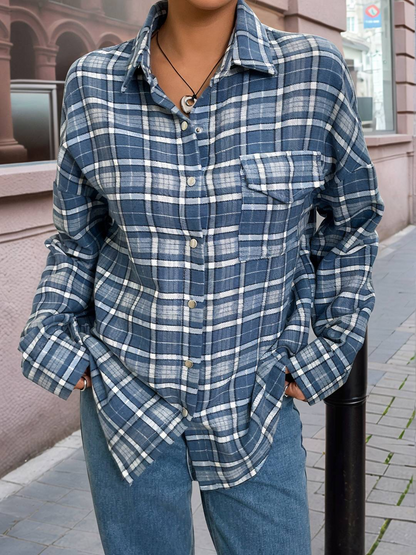 Women’s Shirt Jacket - Cotton Blend - Plaid Pattern - Long Sleeve - Relaxed Fit