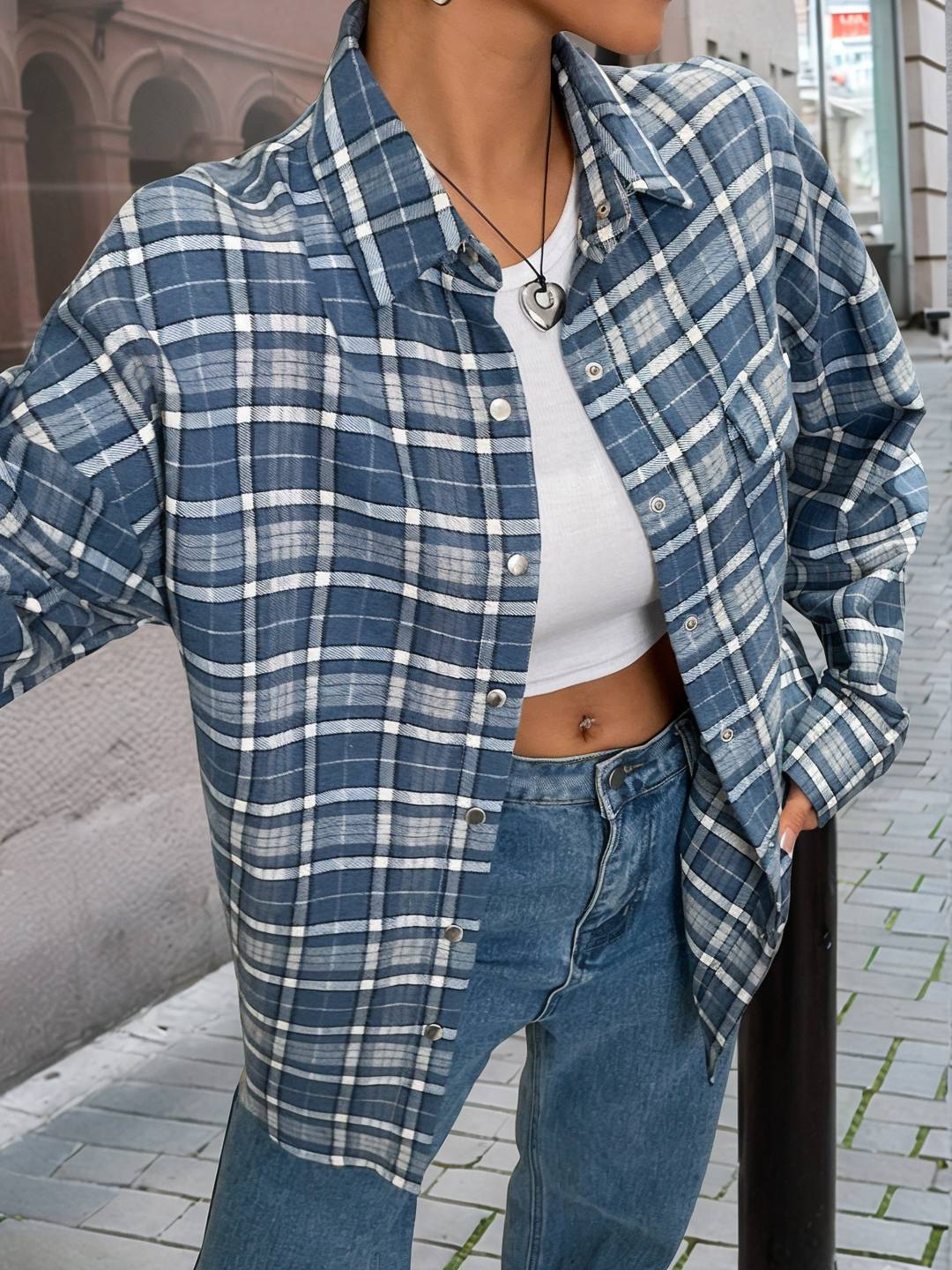 Cotton Blend Relaxed Plaid Shirt Jacket