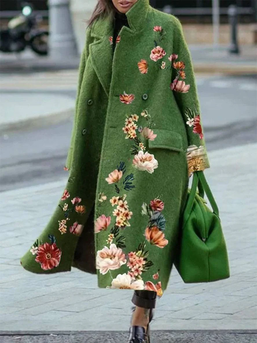 Wool Ankle Length Floral Print Coat