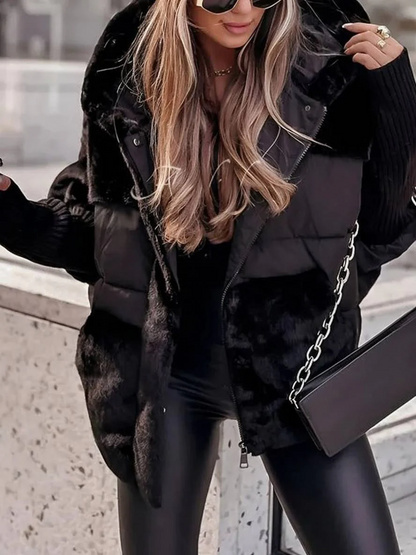 Women’s Coat - Puffer Fabric and Faux Fur - Oversized Fit - Hooded - Hip Length
