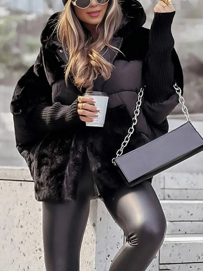 Women’s Coat - Puffer Fabric and Faux Fur - Oversized Fit - Hooded - Hip Length