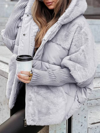 Women’s Coat - Puffer Fabric and Faux Fur - Oversized Fit - Hooded - Hip Length