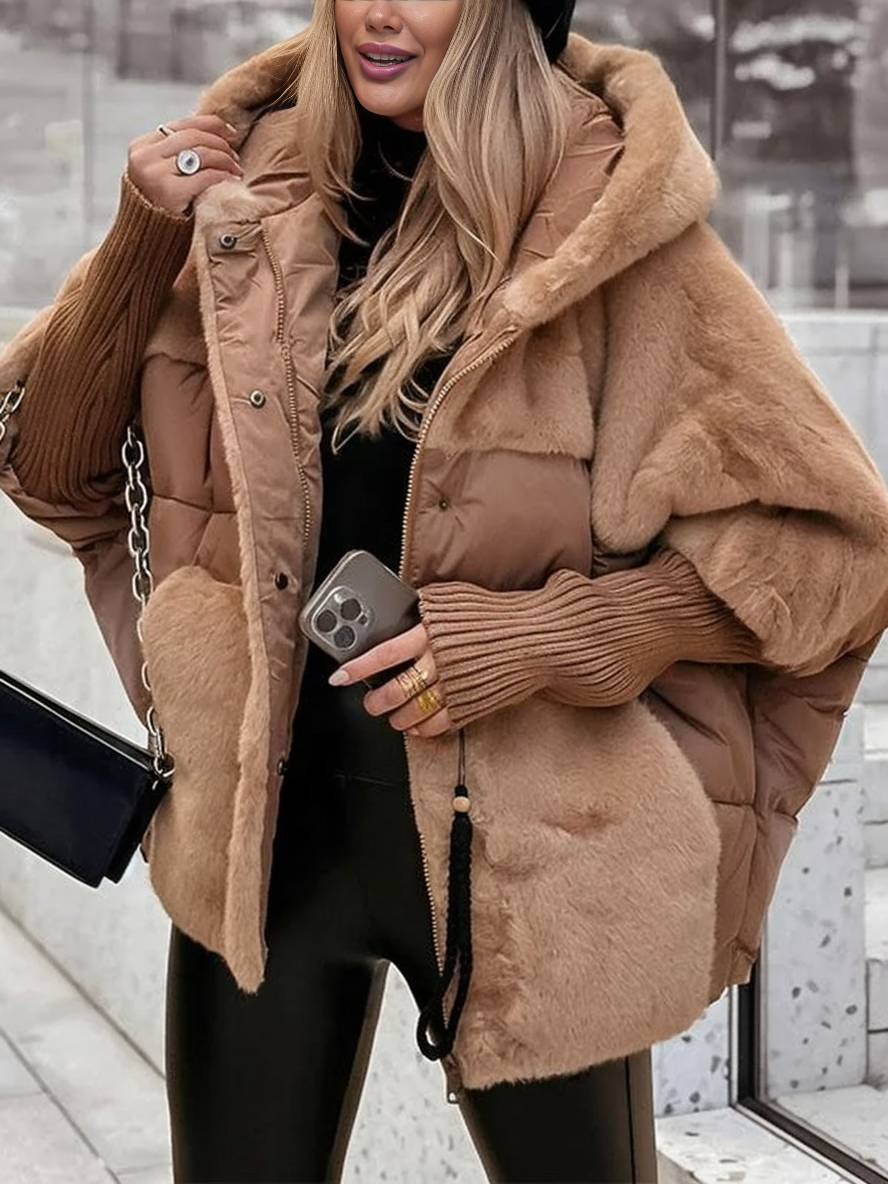 Women’s Coat - Puffer Fabric and Faux Fur - Oversized Fit - Hooded - Hip Length