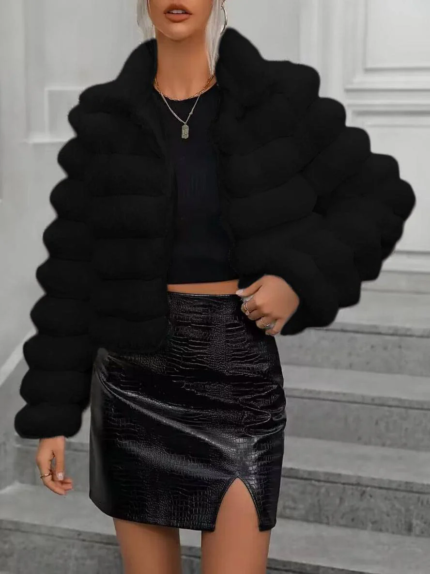 Faux Fur Cropped Stand Collar Jacket