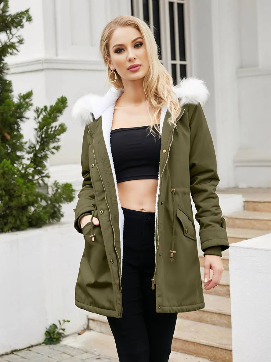 Women’s Parka Jacket - Woven - Relaxed Fit - Mid-Thigh Length - Hood With Faux Fur Trim