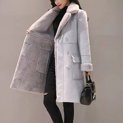 Women’s Coat - Faux Shearling - Mid-Length - Double-Breasted - Notched Lapel Collar