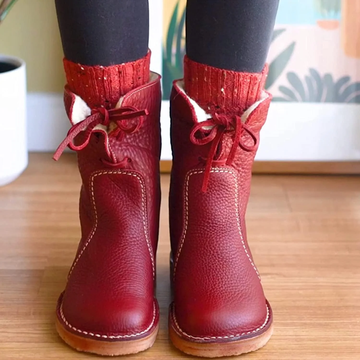 Leather Lace-Up Faux Fur Ankle Boots