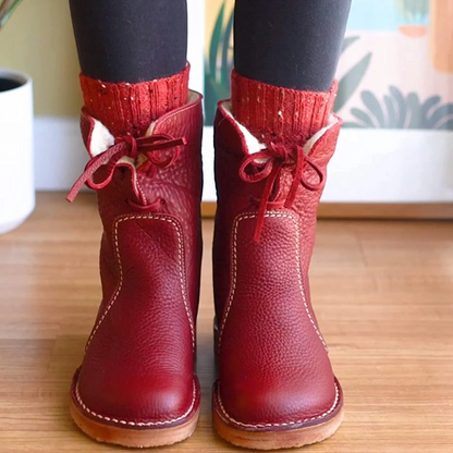 Women’s Ankle Boots - Leather - Lace-Up Front - Faux Fur Trim