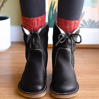 Women’s Ankle Boots - Leather - Lace-Up Front - Faux Fur Trim