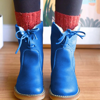 Women’s Ankle Boots - Leather - Lace-Up Front - Faux Fur Trim