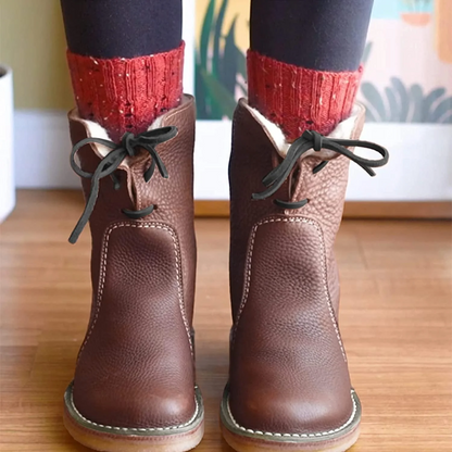 Women’s Ankle Boots - Leather - Lace-Up Front - Faux Fur Trim