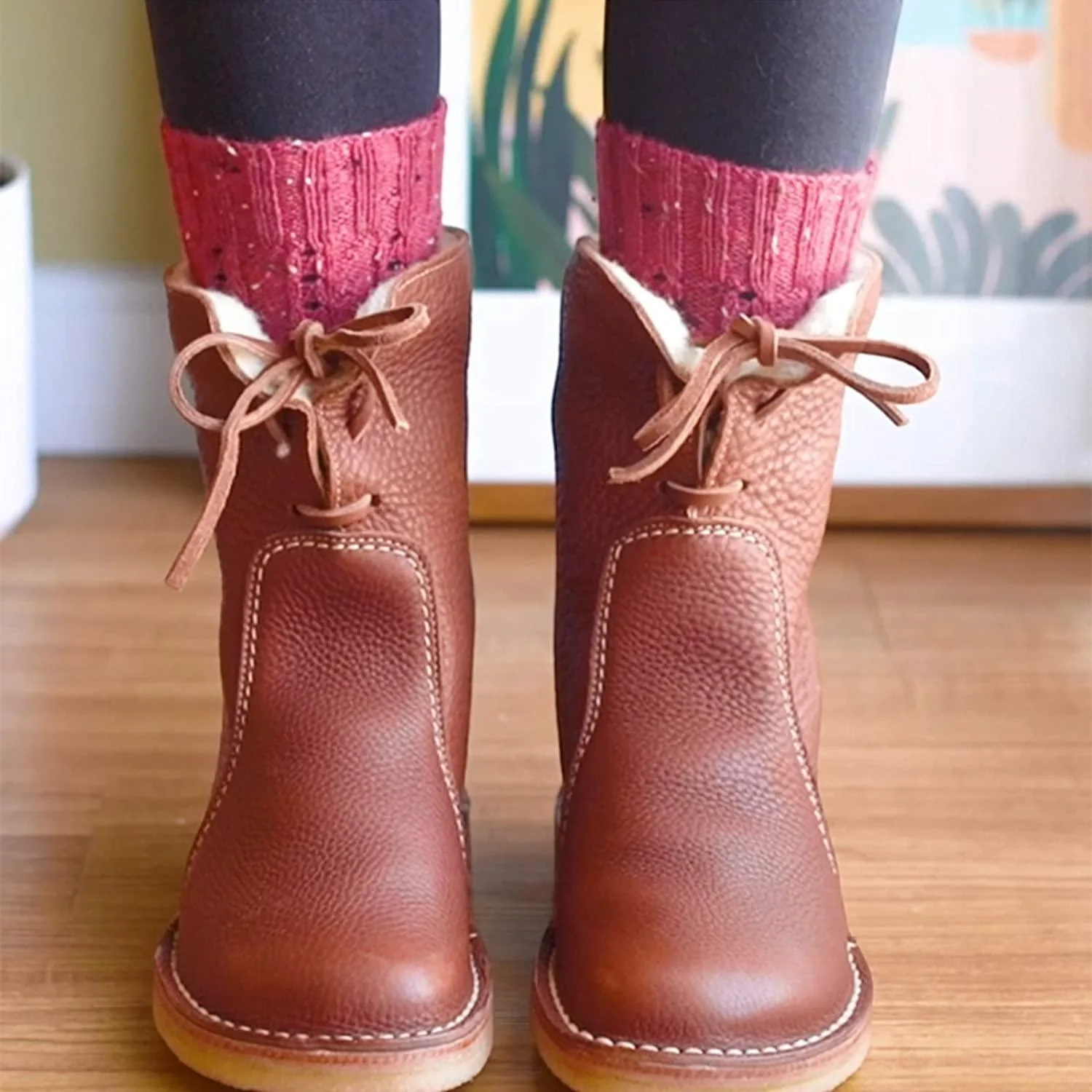 Leather Lace-Up Faux Fur Ankle Boots