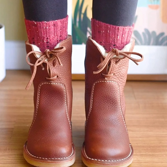Leather Lace-Up Faux Fur Ankle Boots