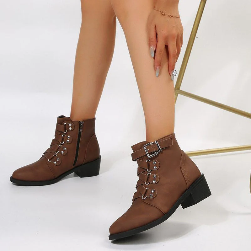 Women’s Ankle Boots - Faux Leather - Side Zipper - Buckle Strap - Block Heel