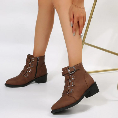Women’s Ankle Boots - Faux Leather - Side Zipper - Buckle Strap - Block Heel