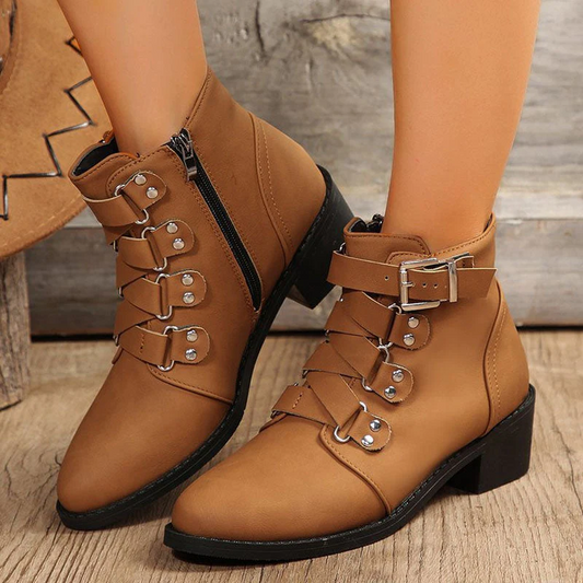 Faux Leather Block Heel Ankle Boots