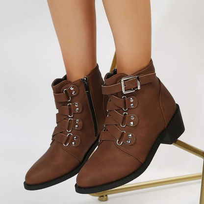 Women’s Ankle Boots - Faux Leather - Side Zipper - Buckle Strap - Block Heel