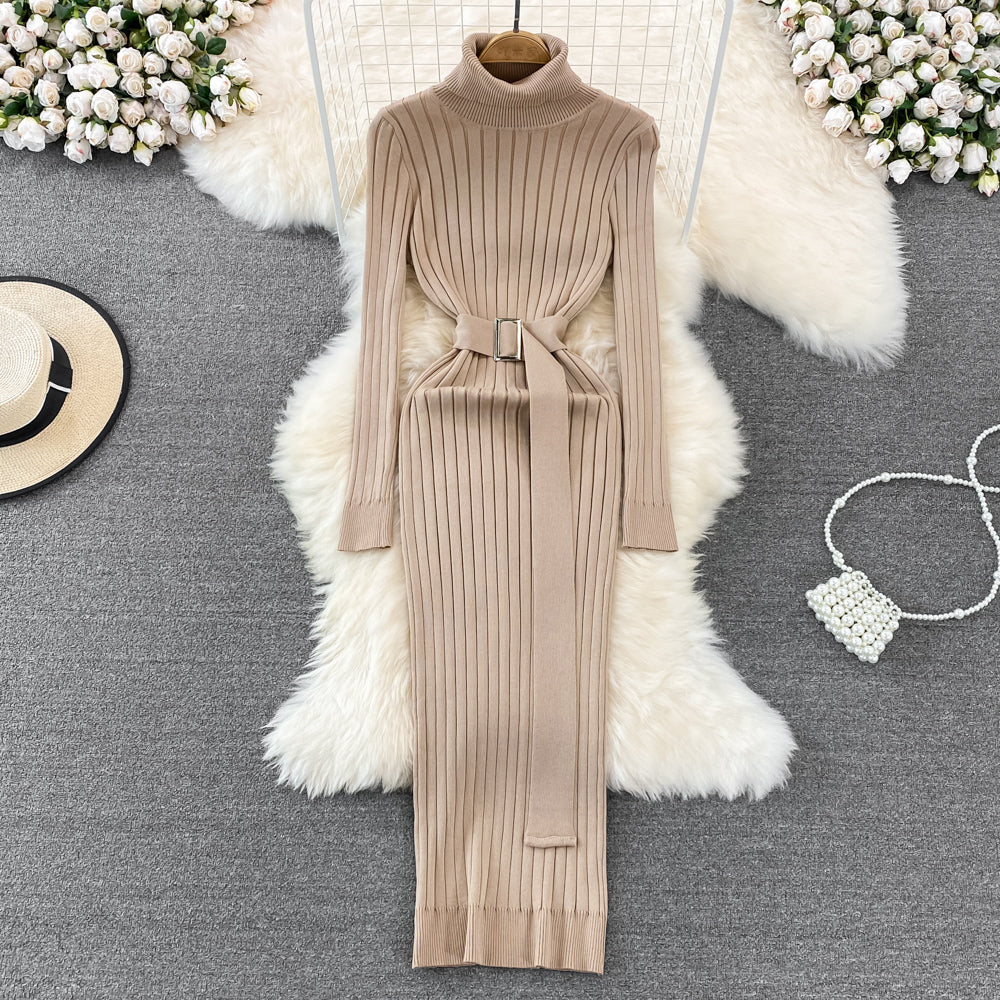 Belted Bodycon Knitted Turtleneck Dress