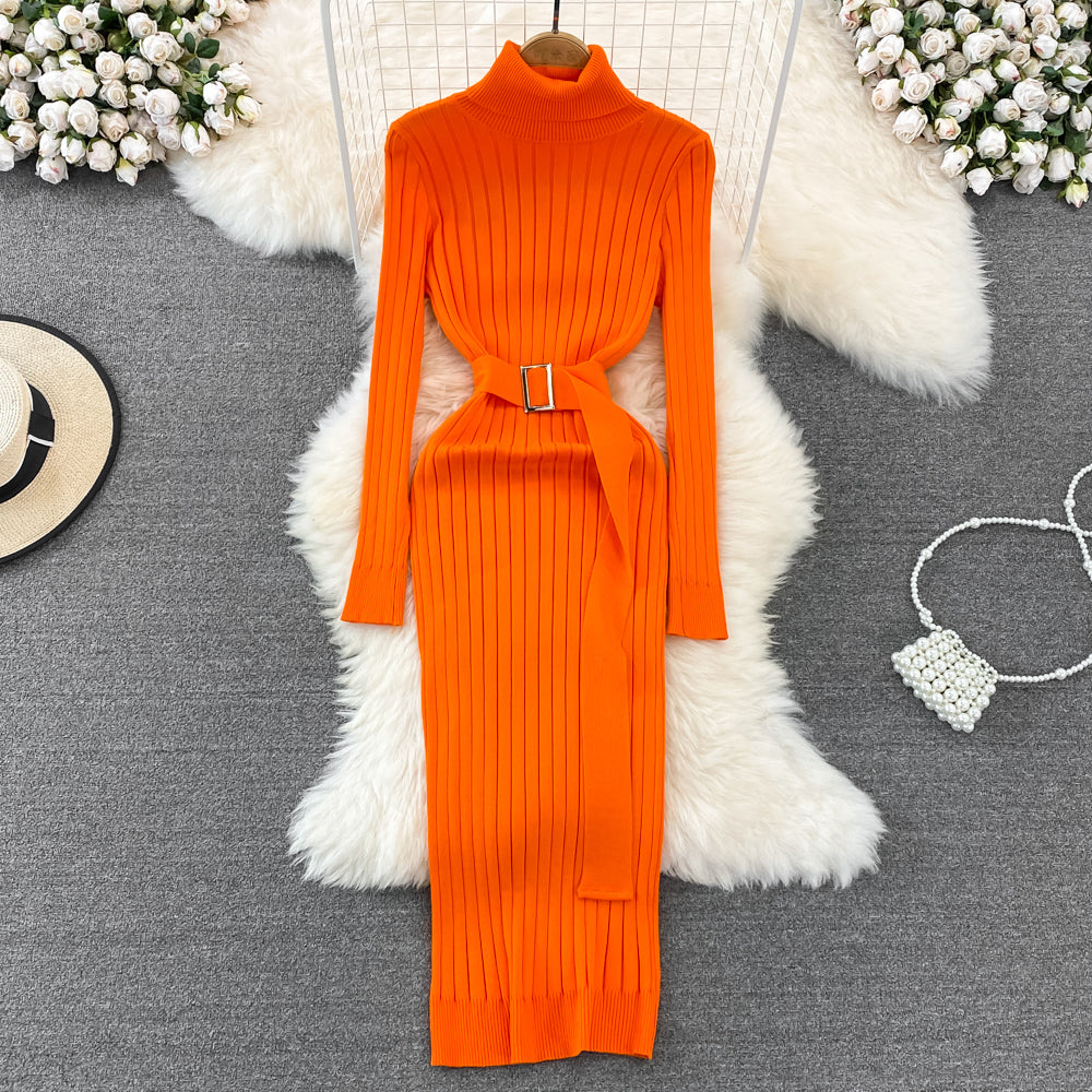 Belted Bodycon Knitted Turtleneck Dress