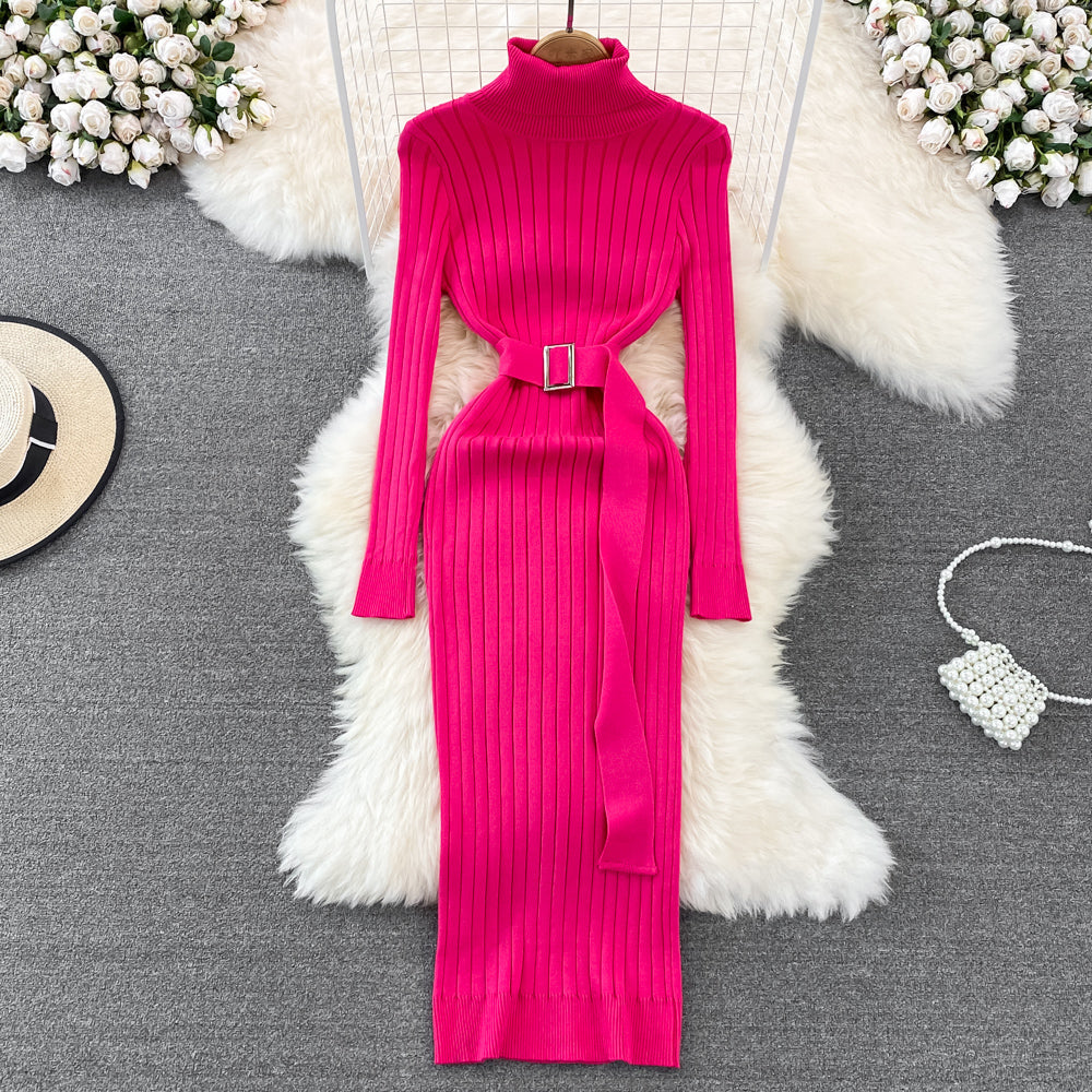 Belted Bodycon Knitted Turtleneck Dress