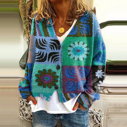 Women’s Cardigan – Relaxed Fit Knit – Patchwork Floral Design – Button Front Casual Wear