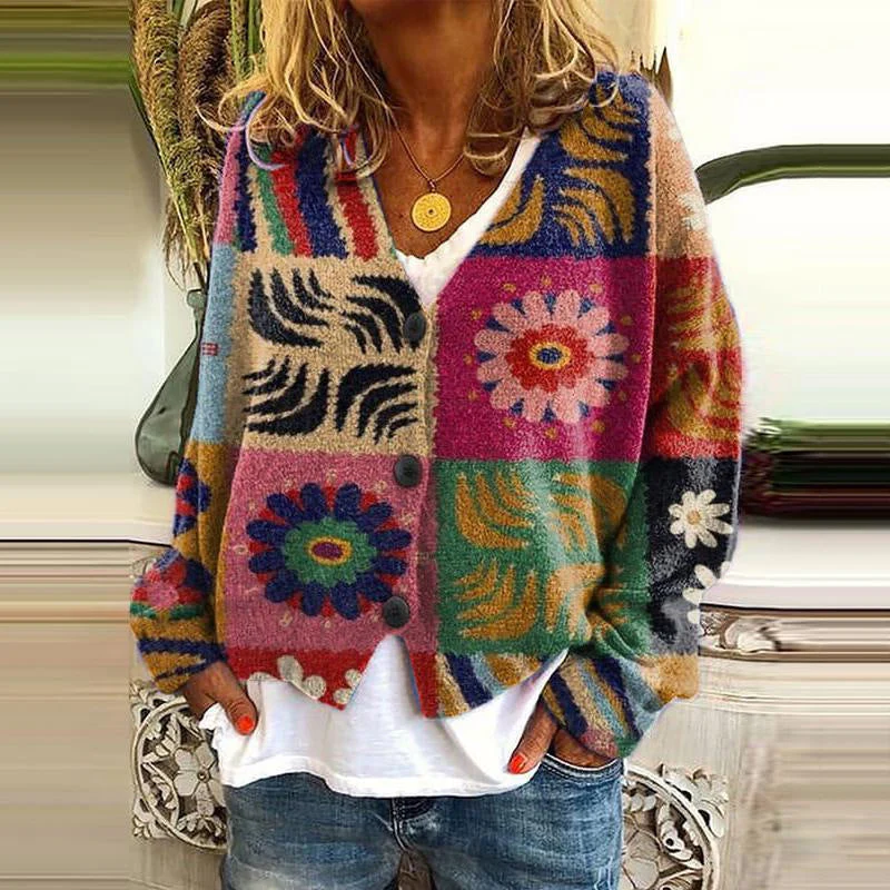Women’s Cardigan – Relaxed Fit Knit – Patchwork Floral Design – Button Front Casual Wear