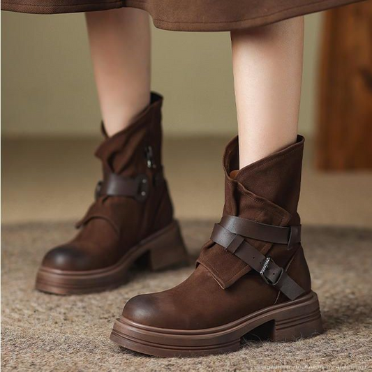 Slouchy Fit Buckle Strap Mid-Calf Boots 