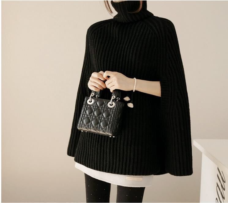 Women’s Cape Sweatshirt – Oversized Fit – Ribbed Knit – Turtleneck – Side Slits