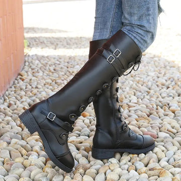 Women's knight low heel biker boots with belt buckle cross straps