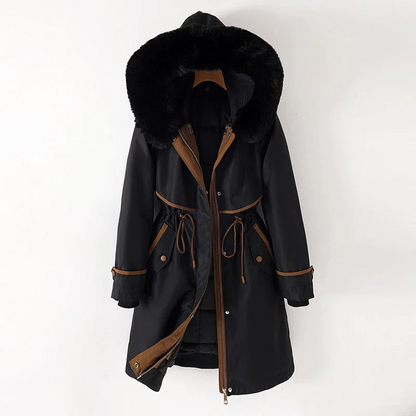 Women’s Parka Jacket – Quilted Lining – Fur Trim Hood – Adjustable Waist – Zip Closure