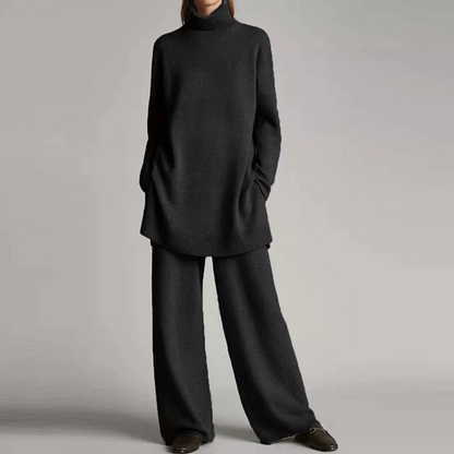 Women’s Two-Piece Loungewear Set – Knit Fabric – Oversized Turtleneck Top – Wide-Leg Pants