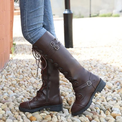 Women's knight low heel biker boots with belt buckle cross straps