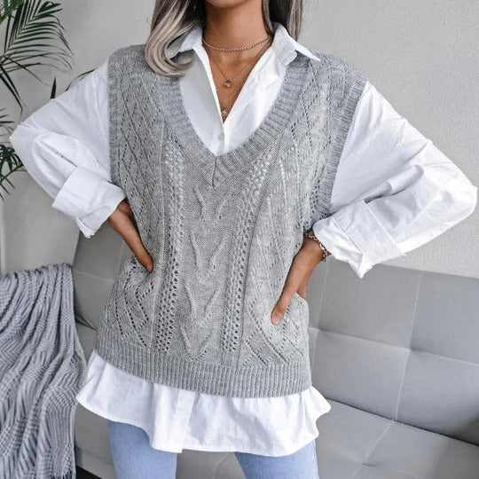 Women’s Knit Vest – Relaxed Fit – Cable Knit Texture – V-Neck – Casual Layering Piece