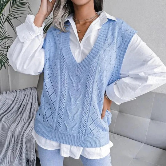 Women’s Knit Vest – Relaxed Fit – Cable Knit Texture – V-Neck – Casual Layering Piece