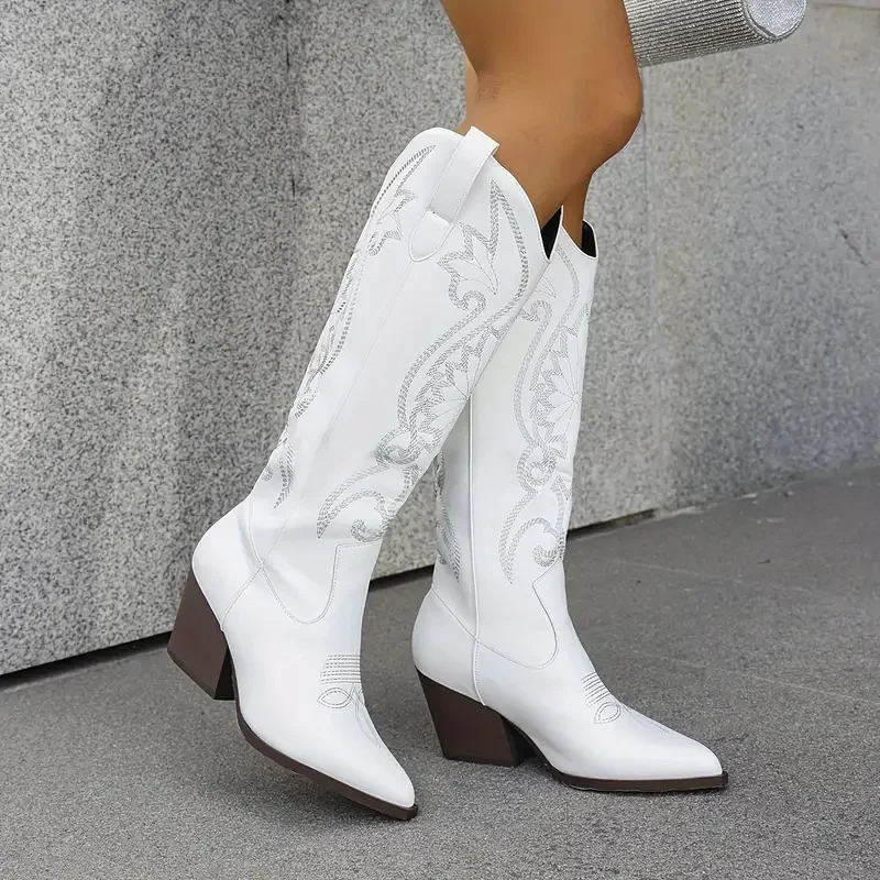 Embroidered Faux Leather Knee High Boots