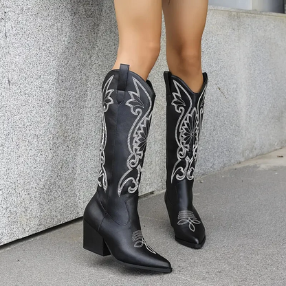 Women’s Boots - Faux Leather - Knee High - Embroidered - Pointed Toe - Block Heel