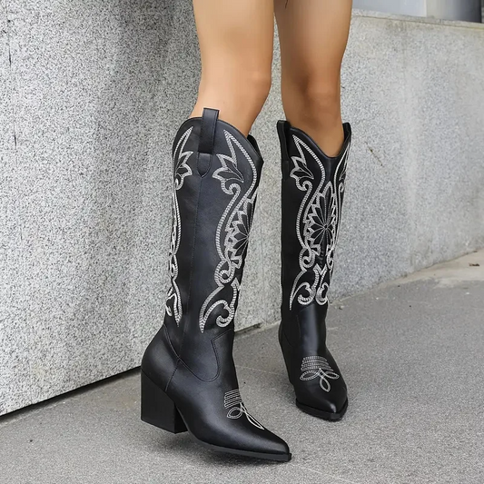 Embroidered Faux Leather Knee High Boots