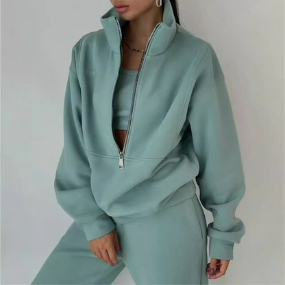 Women’s Two-Piece Tracksuit Set – Relaxed Fit – High Collar Zip Top – Elastic Waist Pants