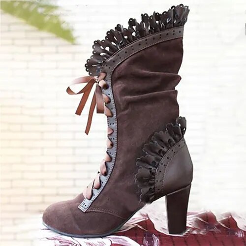 Women's faux leather lace-up block heel boots