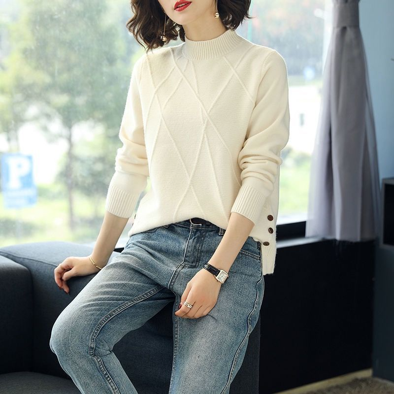Women’s Pullover Sweatshirt – Relaxed Fit Knit – Ribbed Half-Turtleneck – Long Sleeve