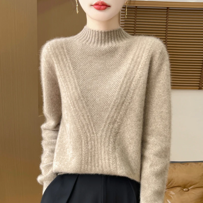 Women’s Pullover Sweater – Wool Blend – Relaxed Fit – Half High Collar – Ribbed Knit