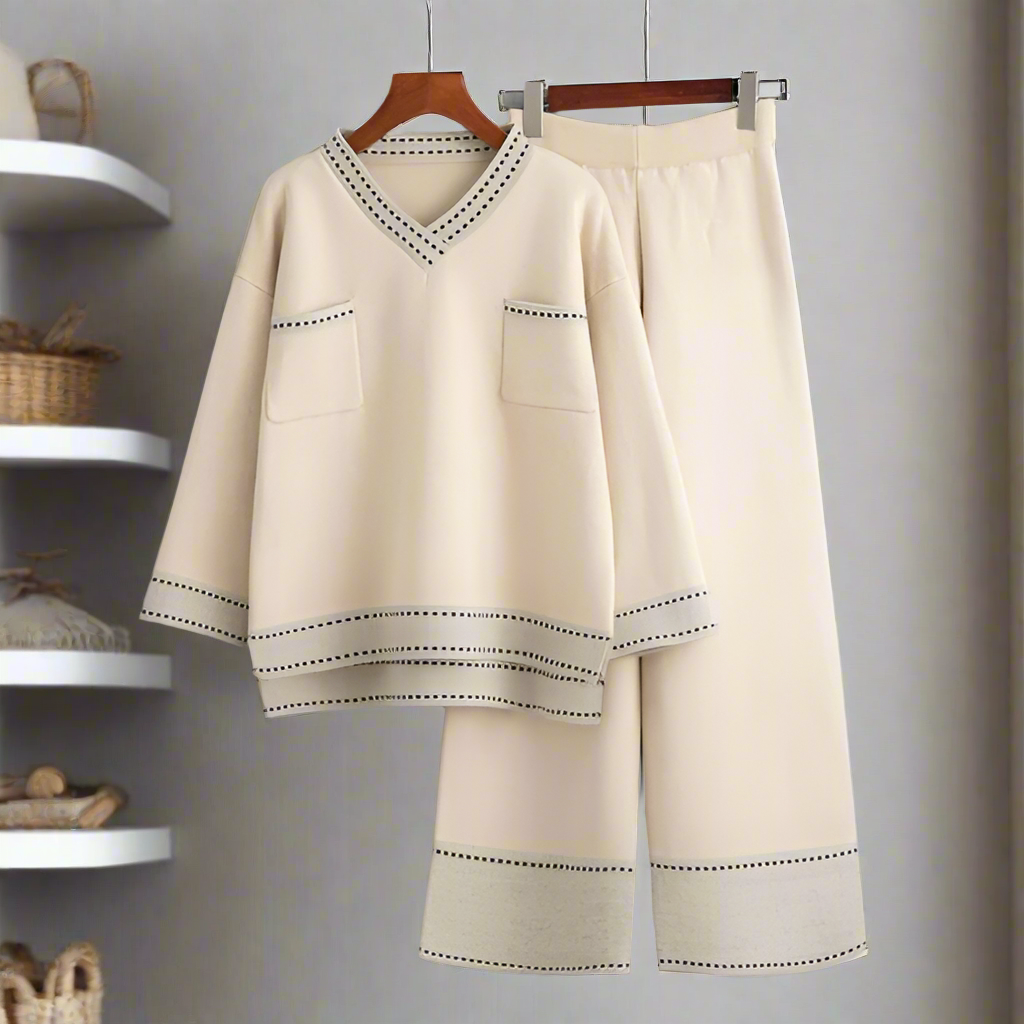 Women’s casual beige knit sweater and pants set loungewear